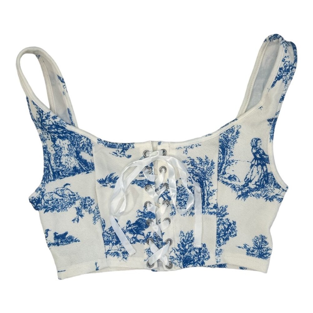 Blue and White Vintage Cropped Tank Top with White Ribbon